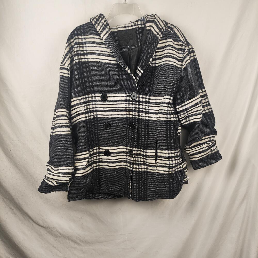 Joujou Jacket Womens XL Blue Plaid Pea Coat Double Breasted Lined Pockets Twill